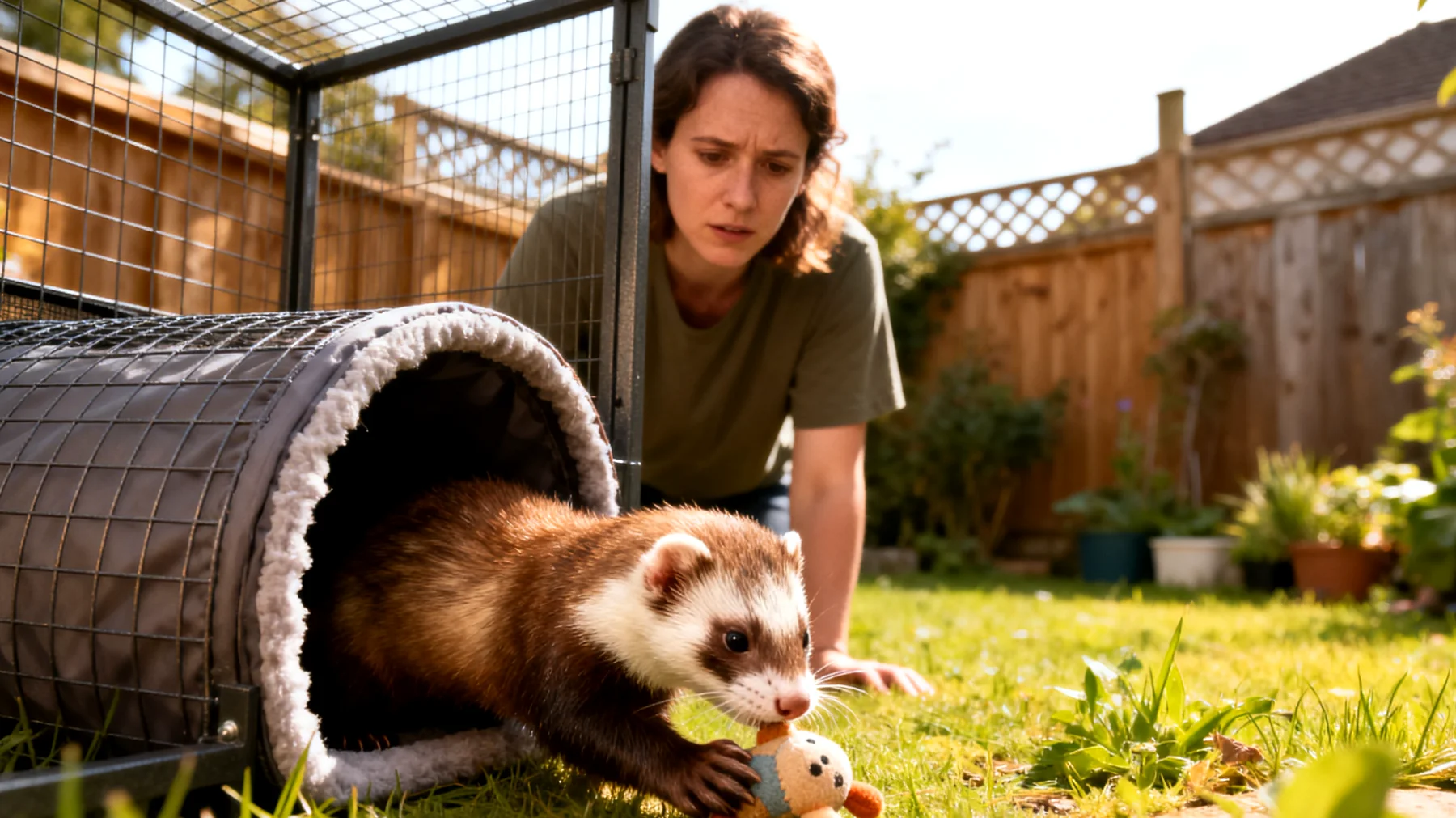 Frettchen benötigen sichere und artgerechte Beschäftigungsmöglichkeiten im Garten, da sie neugierige und verspielte Tiere sind, die zum Graben und Erkunden neigen, aber gleichzeitig Fluchtrisiken und Gefahren durch Gartenchemikalien oder andere Wildtiere ausgesetzt sein können"