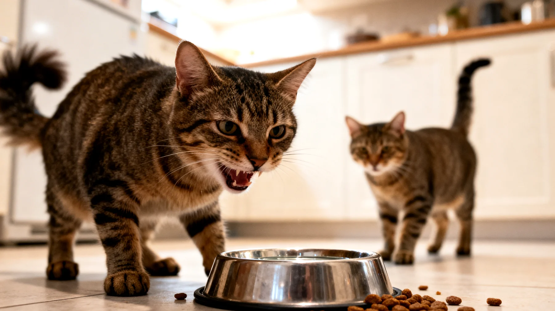 Katzen zeigen oft territoriales Verhalten und Futterneid, wenn sie mit anderen Tieren zusammenleben, was zu Stress, Aggression und unausgewogener Ernährung führen kann"
